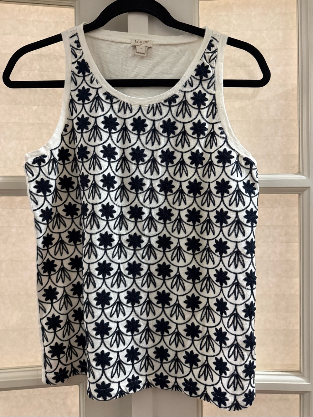 J. Crew White Tank with Navy Floral Embroidery Pattern